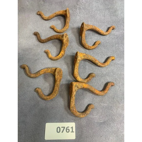 6 Antique Vintage Rustic Cast Wrought Iron Wall COAT HOOKS Hardware 3" RUSTY - Picture 11 of 11